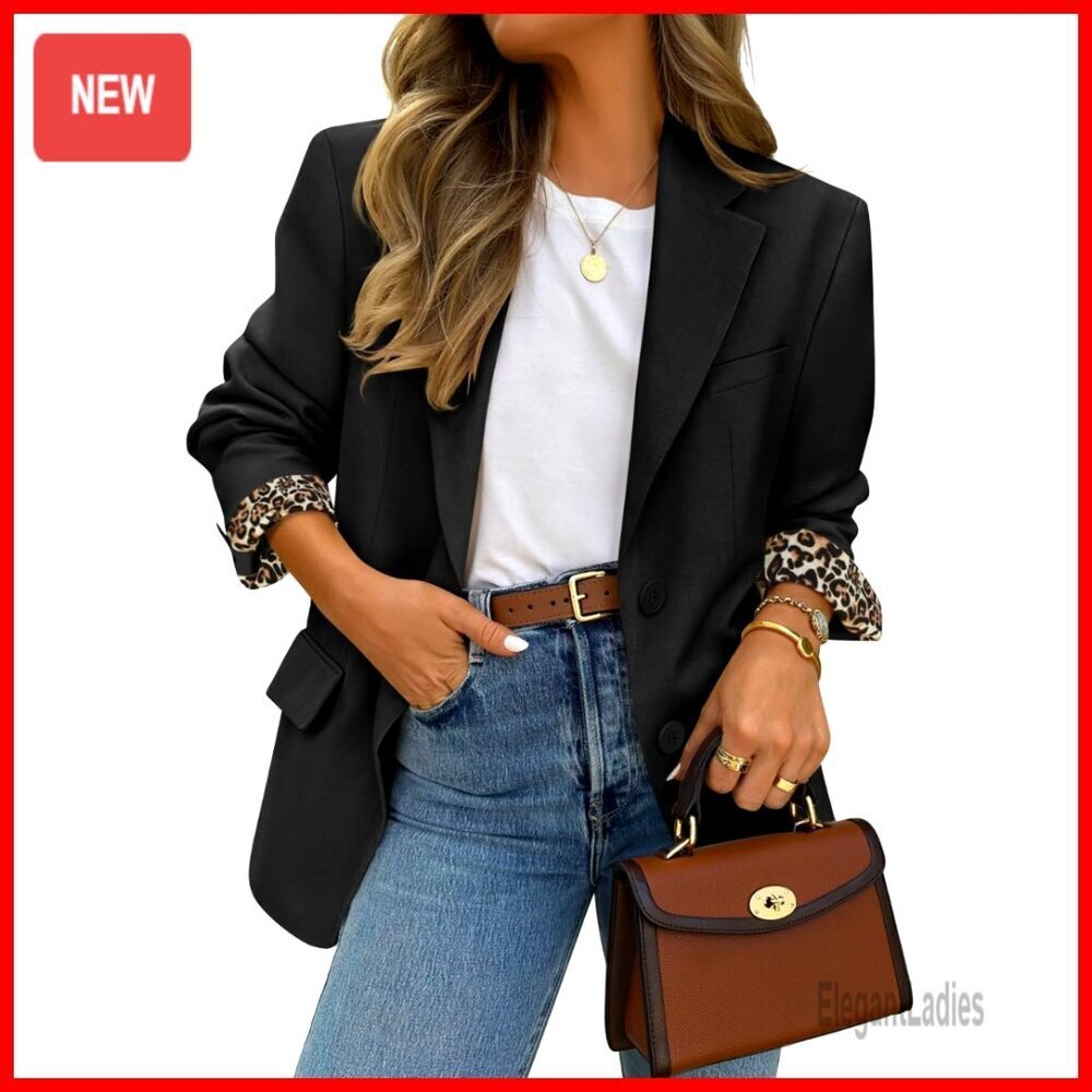 Oversized Blazer with Shoulder Pads Lapel Collar Side Pockets Work Jacket